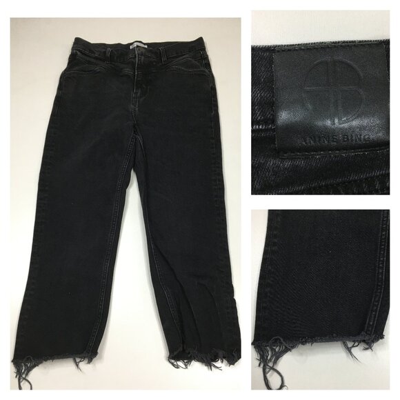 ANINE BING Black Wash Raw Edge Hem Logo Hardware Cropped Jeans - Picture 1 of 12